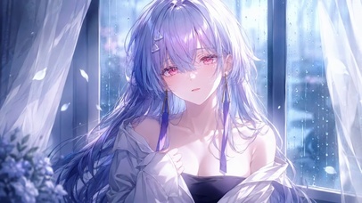 雨天窗边紫发美少女莫宁