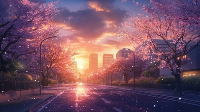 樱花晚霞城市无人街道