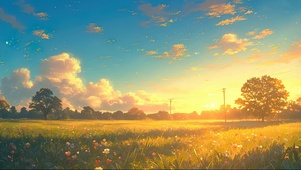 落日清新青草地