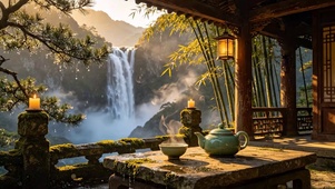 古韵山水瀑布木屋