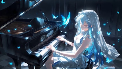 白发少女-钢琴蓝蝶