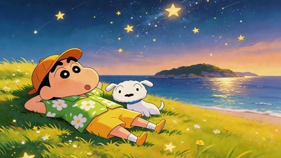小新与小白海岸观星