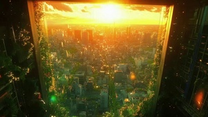 高空远眺城市黄昏街景