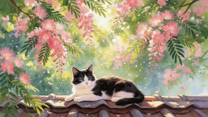 屋檐鲜花树下猫咪