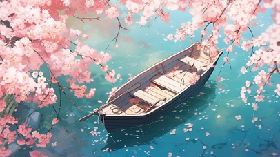樱花树下的小船
