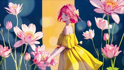 插画风花与女孩