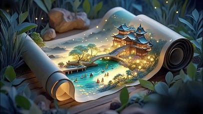 立体卷山水楼阁