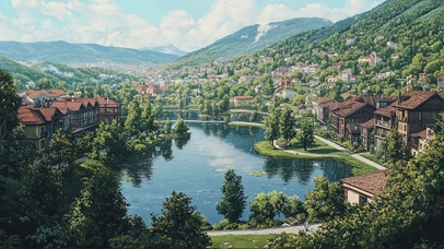 蓝天白云绿色湖岸小镇