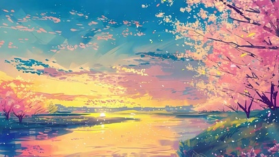 油画夕阳海景樱花树木