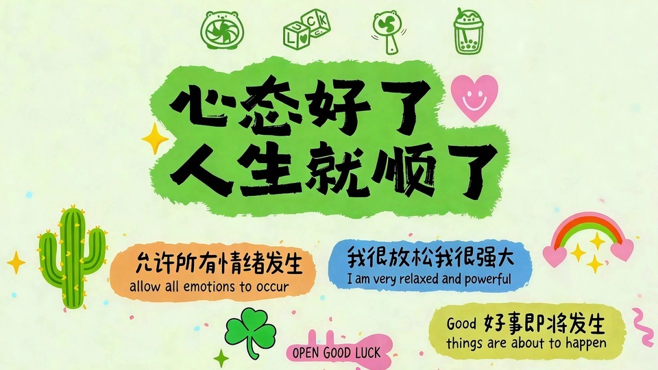 浅米黄底色手绘治愈文字插画，四周点缀仙人掌、三叶草、彩虹、笑脸爱心装饰