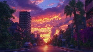 城市黄昏晚霞街道建筑