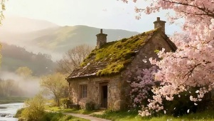 樱花树木房屋河流双屏