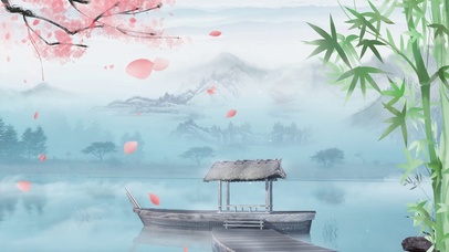 唯美大气山水河流乌篷船樱花竹子