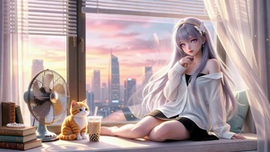 夕阳窗边银发美少女