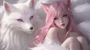 粉发狐耳美少女与白狐