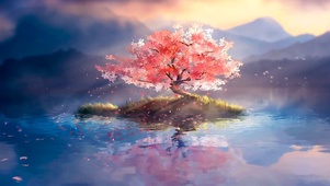 湖中樱花树
