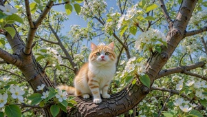 樱花树上的可爱橘猫