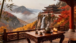 秋天国风山水阁楼