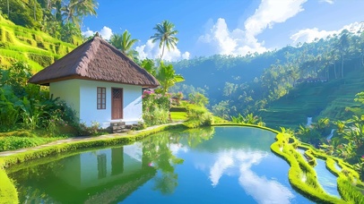 护眼白云树木河流