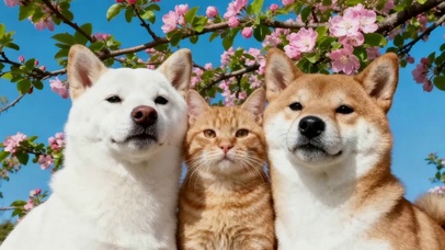 樱花树下的猫猫狗狗