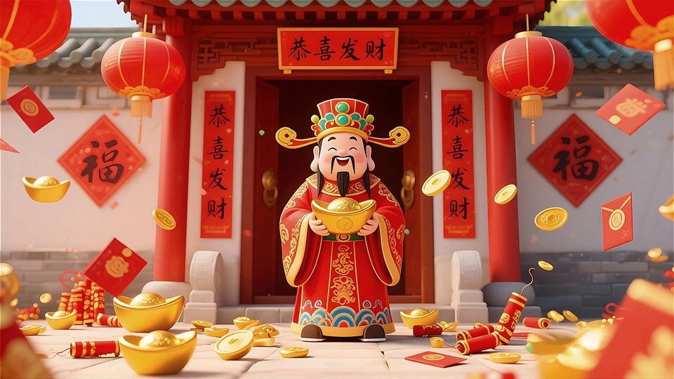 3D卡通国风财神身着红底金纹长袍，头戴嵌绿宝石官帽，双手捧金元宝站在中式门楼前，空中飘落铜钱、红包，地面散落金元宝与爆竹道具。