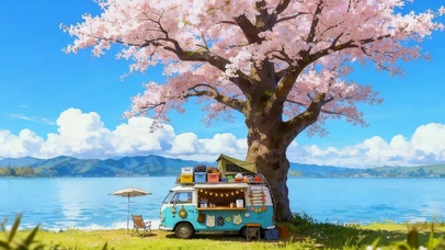 湖边樱花树下汽车
