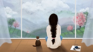 下雨天女孩与猫