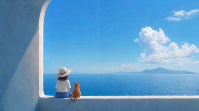 女孩和小猫一起看海