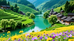 绿色护眼山水花草