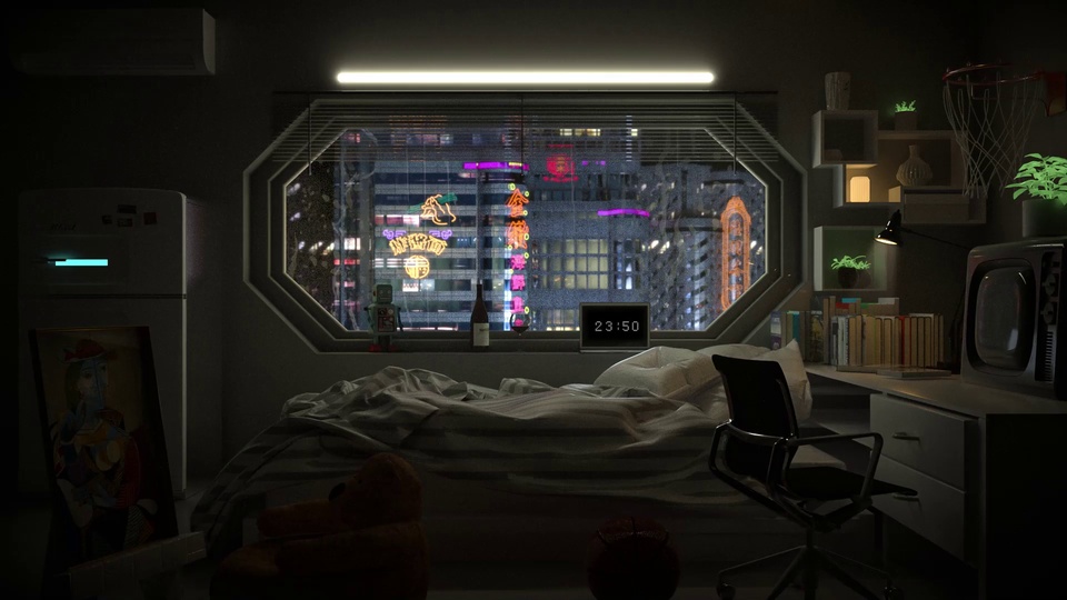 深夜昏暗卧室里，八角窗透出都市霓虹楼宇，床品凌乱，桌面摆放旧电视与绿植。