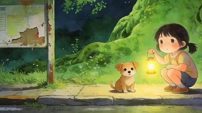 夜景女孩与萌宠狗带鱼屏