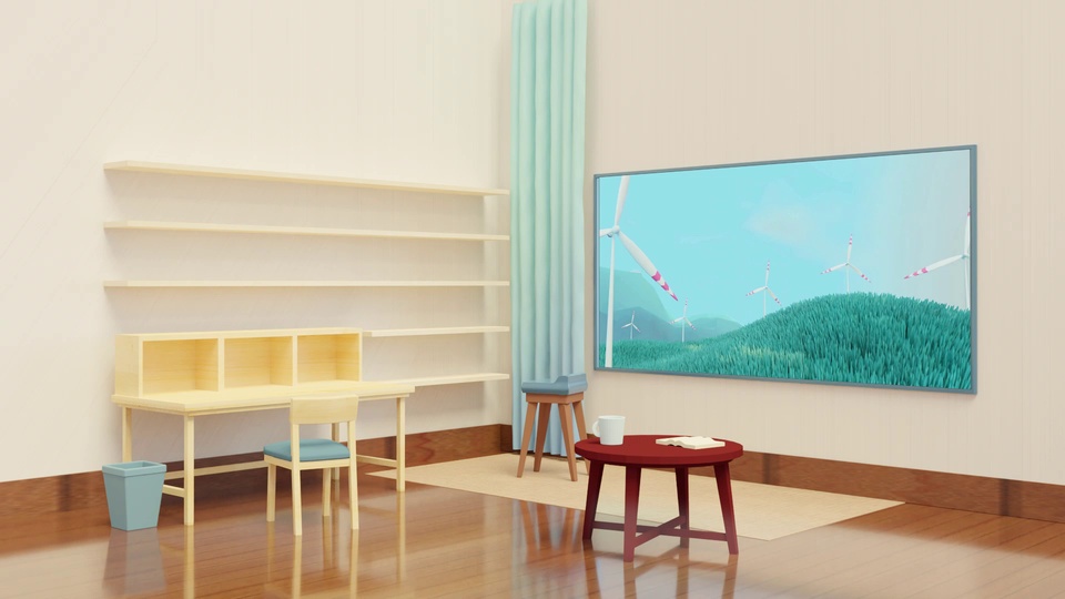 3D渲染的简约居家室内，浅色木质书桌搭配带浅蓝坐垫的木靠背椅，墙面挂着风电景观装饰画，色调清新柔和。