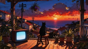 露台上看风景的黑猫（傍晚版）