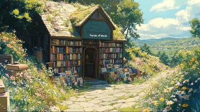 绿色夏日山坡书店