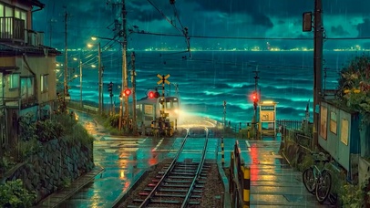 雨夜海边电车