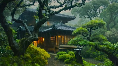 古风雨天山中园林木屋