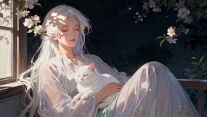 国风古风白发女孩与白猫惬意夜晚
