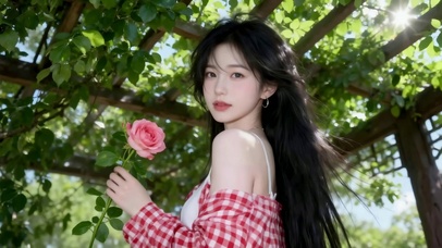户外蔷薇下的清纯长发美少女