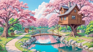 春天溪流花树