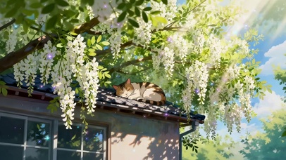 槐树花下的猫咪