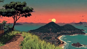 山巅俯瞰落日海岛