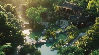 夏日绿色古建池塘美景