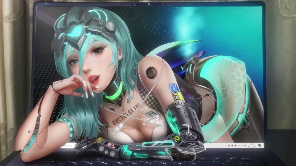 青绿色长发机甲少女托脸，机械义肢延伸至笔记本键盘区域