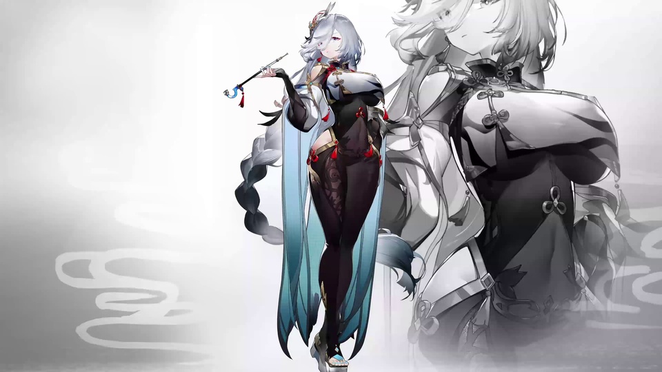 银蓝长发古风女性持带红流苏短烟斗，右侧叠放同角色半透明黑白半身立绘。
