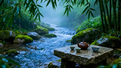 竹叶雨景溪流