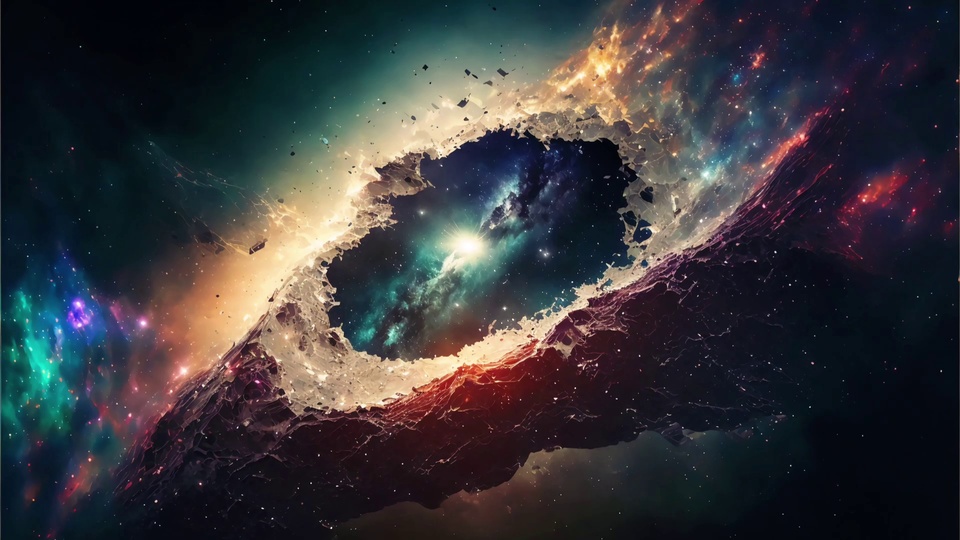 深黑色深空背景上布满细碎星点，夹杂多色发光星云，弧形破碎的星尘结构边缘散落细小岩屑，中心穿出明亮星点。