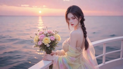 日落海上纱裙少女
