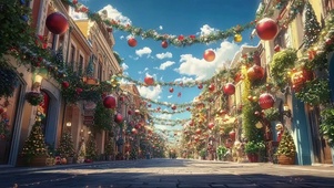 圣诞彩灯小镇冬日晴天