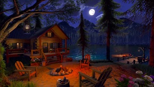夜晚湖畔木屋