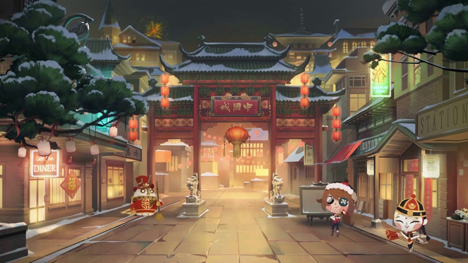雪夜古风牌楼与近代融合街道，挂满红灯笼，暖黄灯光洒在积雪石板路上，Q版角色分布在街边。